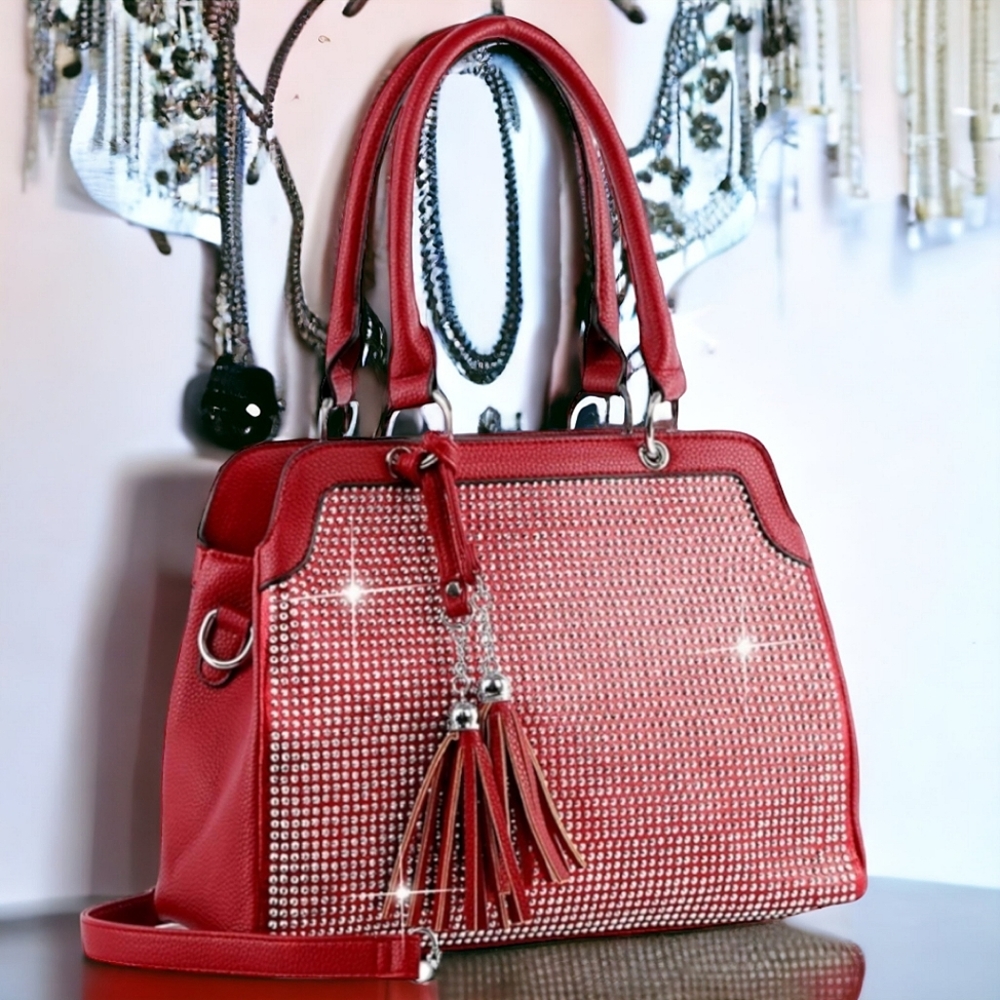 Red Rhinestone-Embellished Shoulder Bag - Unbranded